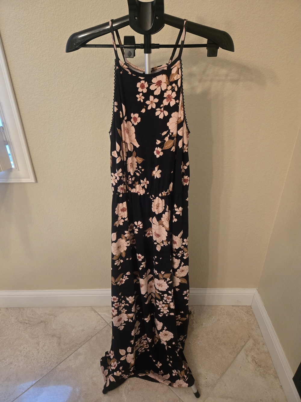 French Grey Black Maxi Dress with Blush Floral Print